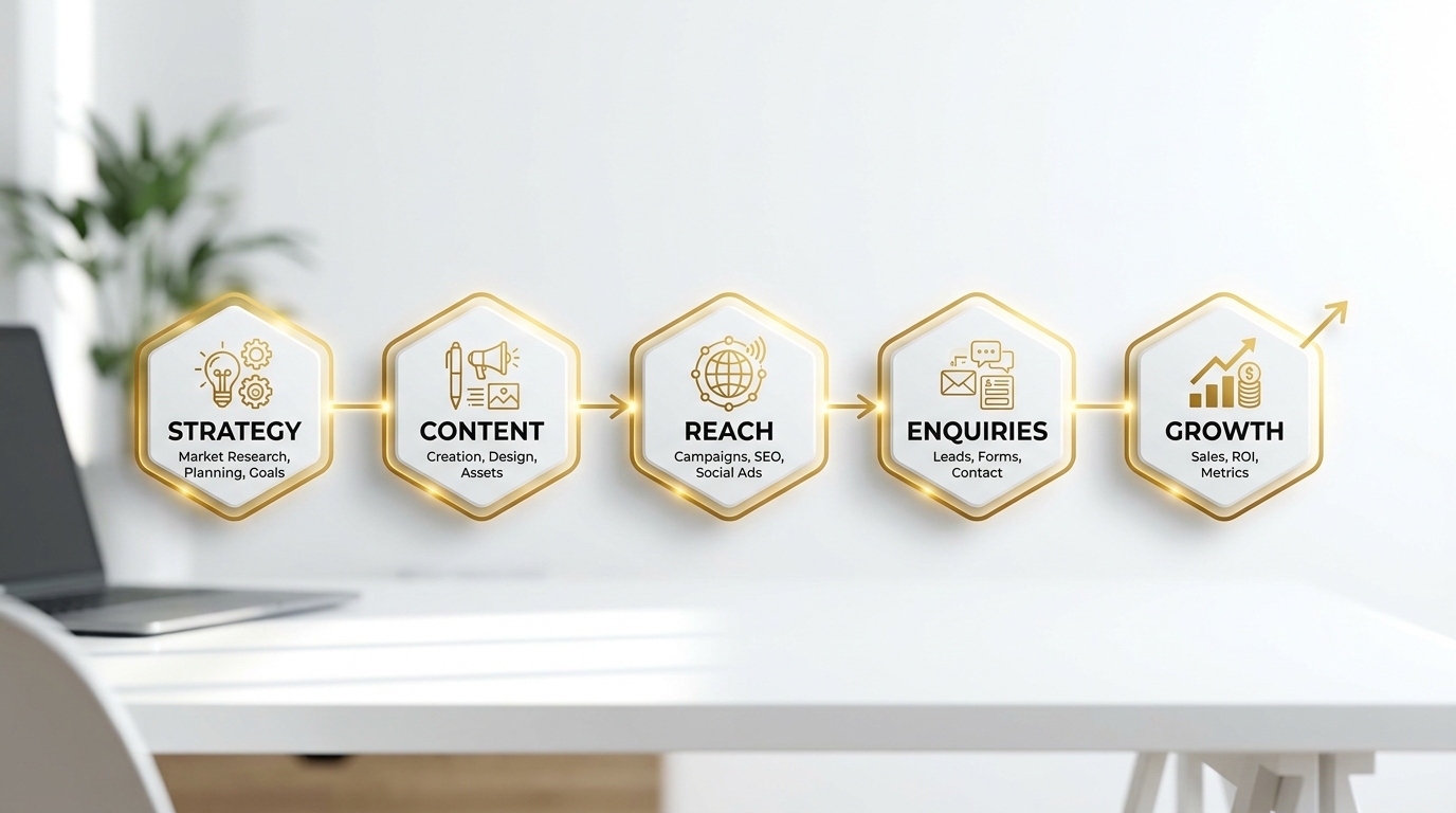 BEKSA Digital Marketing Process: Strategy -> Content -> Reach -> Enquiries -> Growth